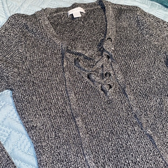 COPY - New York & Company ribbed fitted lace up Merle grey top lightweight swea… - Picture 3 of 10